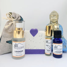 Load image into Gallery viewer, Lavender oil, lavender soap, lavender sleep mist, lavender roller, lavender pouch gift box