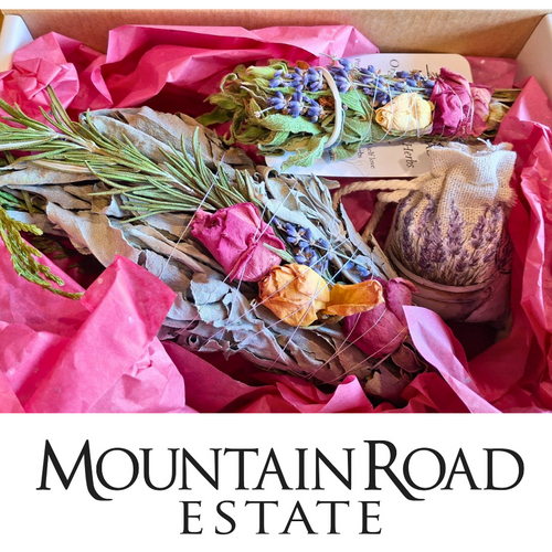 a sage wand, good vibes car hanger and lavender pouch gift box 