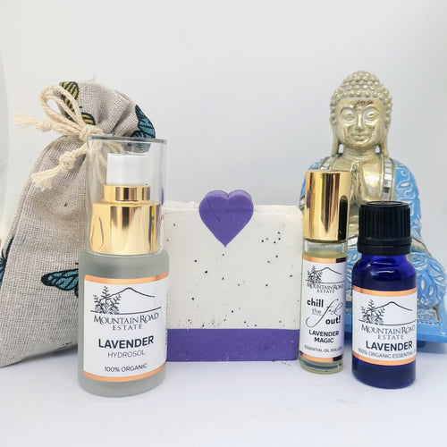 Lavender oil, lavender soap, lavender sleep mist, lavender roller, lavender pouch gift box  